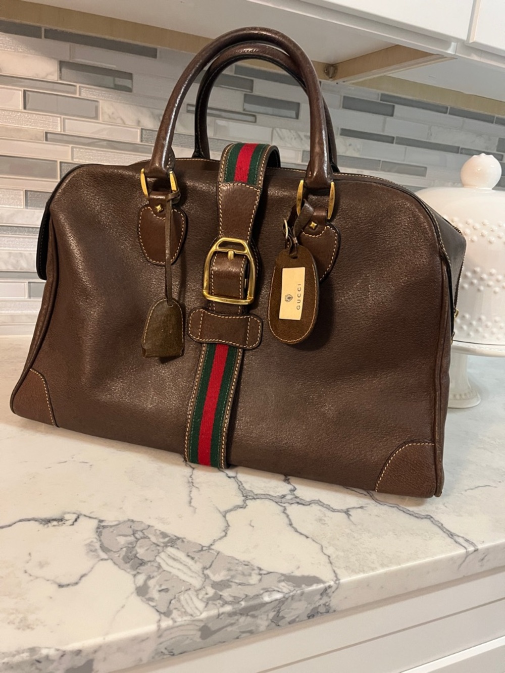 🦋Ultra Rare🦋 Gucci Brown Leather Duffel with Sherry Line Stripe